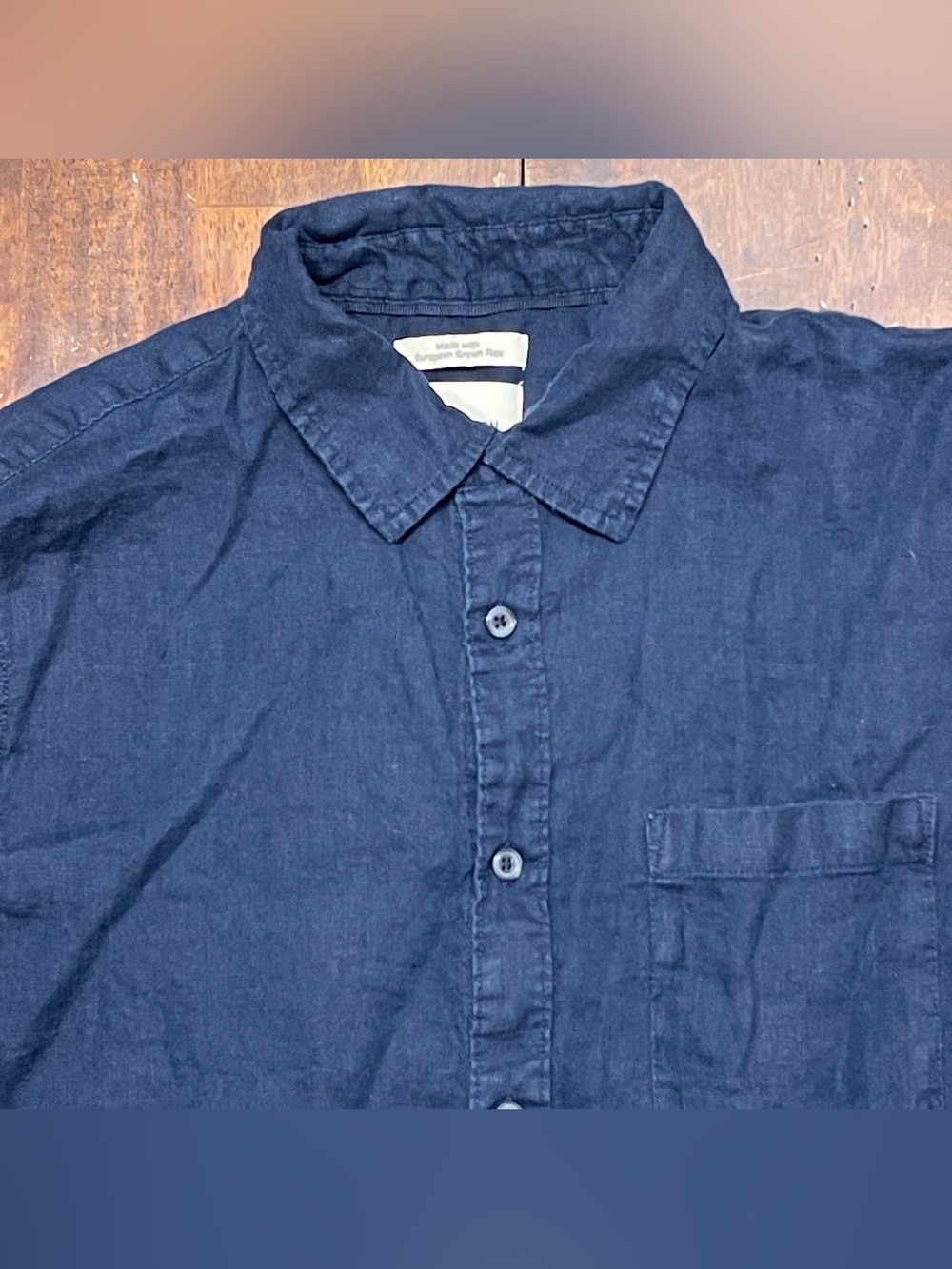 Thom Aaron 100% Linen Shirt Men L Navy Blue Short Sleeve Button Up European Flax